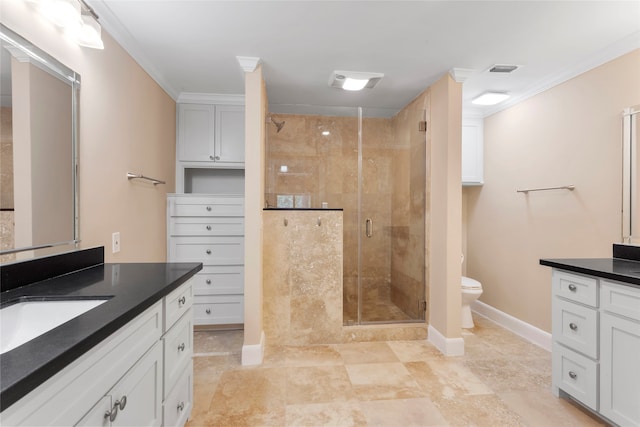 148 Sugarberry Cir, Houston, TX 77024 - full bathroom featuring crown molding, vanity, toilet, baseboards, and a shower stall