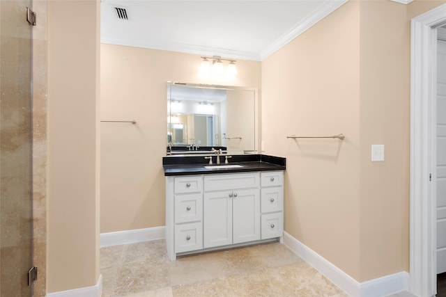 148 Sugarberry Cir, Houston, TX 77024 - full bathroom with visible vents, crown molding, vanity, baseboards, and a shower with shower door