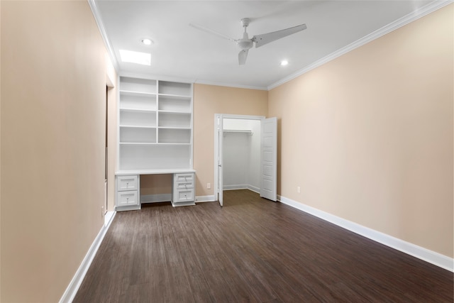 148 Sugarberry Cir, Houston, TX 77024 - unfurnished bedroom with built in study area, baseboards, dark wood-style floors, ornamental molding, and recessed lighting