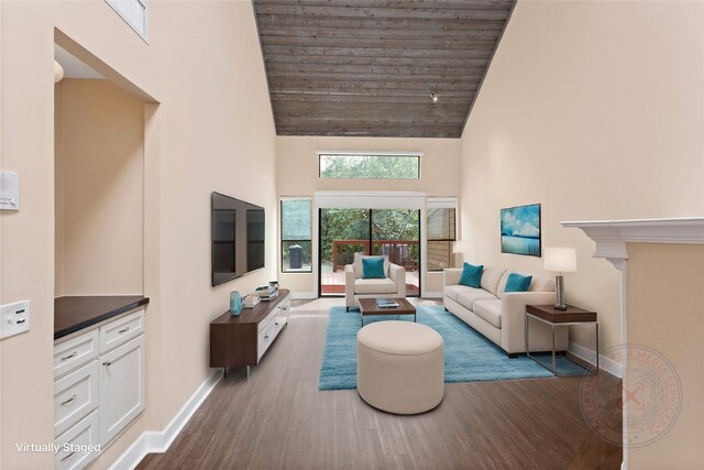148 Sugarberry Cir, Houston, TX 77024 - living area featuring visible vents, wood finished floors, wooden ceiling, high vaulted ceiling, and baseboards