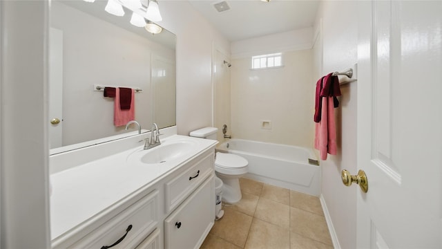 bathroom with tile patterned flooring, visible vents, tub / shower combination, toilet, and vanity