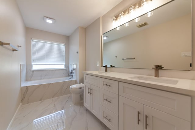 full bathroom with a bath, visible vents, marble finish floor, and a sink