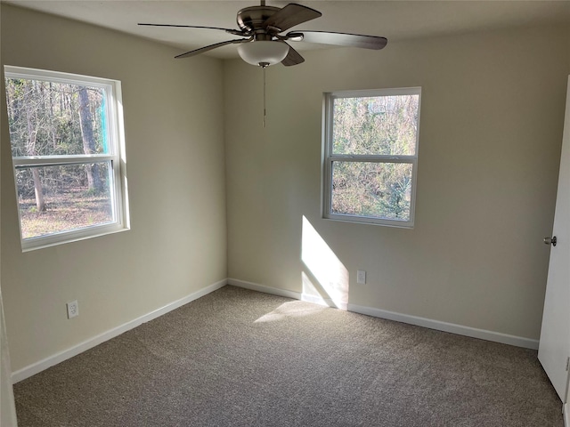 spare room featuring carpet flooring, a healthy amount of sunlight, baseboards, and ceiling fan