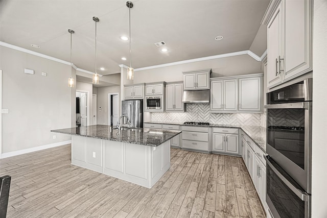 kitchen featuring visible vents, backsplash, under cabinet range hood, light wood-style flooring, and stainless steel appliances