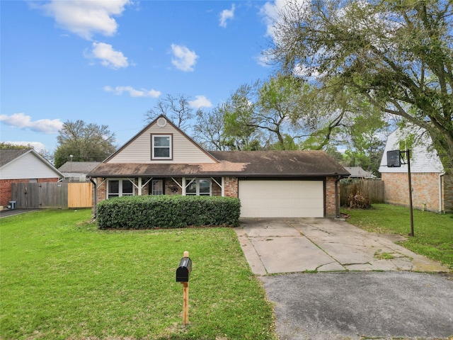 view of front of home featuring brick siding, a front lawn, fence, concrete driveway, and a garage