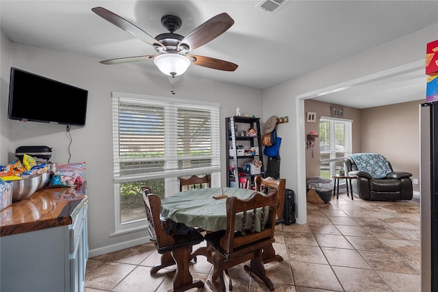 dining area with visible vents, baseboards, and ceiling fan