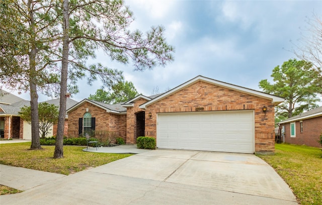 ranch-style home with brick siding, driveway, a front lawn, and a garage