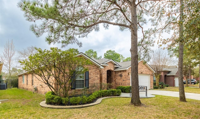 single story home with brick siding, an attached garage, driveway, and a front lawn