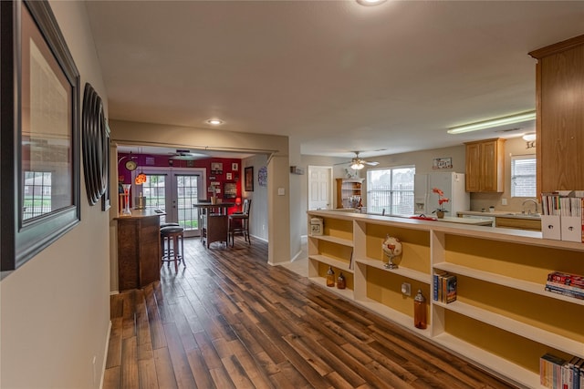 hall featuring plenty of natural light, french doors, dark wood-style flooring, and baseboards