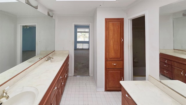 full bathroom featuring vanity and ceiling fan