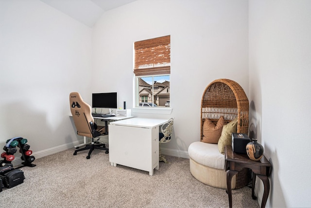 home office with baseboards, light colored carpet, and high vaulted ceiling