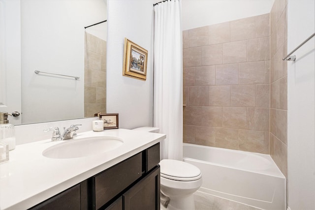 full bath featuring vanity, shower / bath combination with curtain, toilet, and tile patterned floors