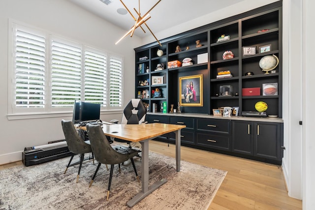 office space featuring visible vents and light wood-style flooring