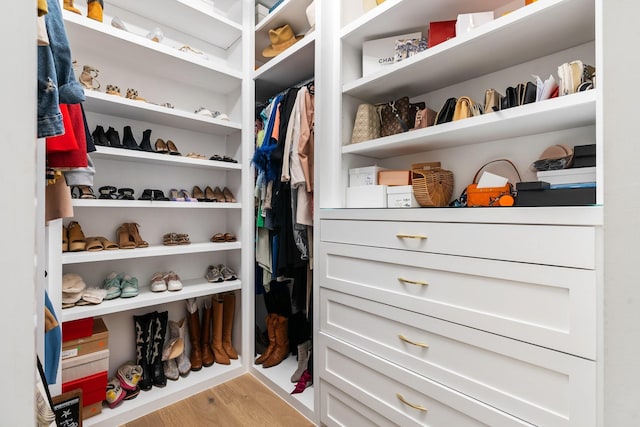 walk in closet with wood finished floors