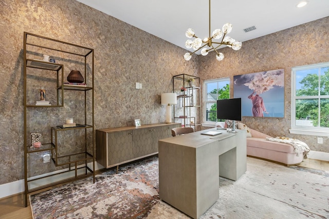 office area with a notable chandelier, recessed lighting, visible vents, and wood finished floors