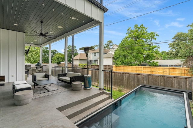 view of swimming pool featuring a patio, fence, ceiling fan, an outdoor hangout area, and a grill