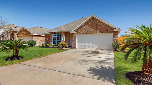 single story home with a front yard, an attached garage, brick siding, and concrete driveway