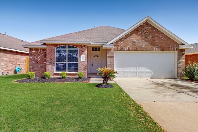 ranch-style house with concrete driveway, an attached garage, a front yard, brick siding, and a shingled roof