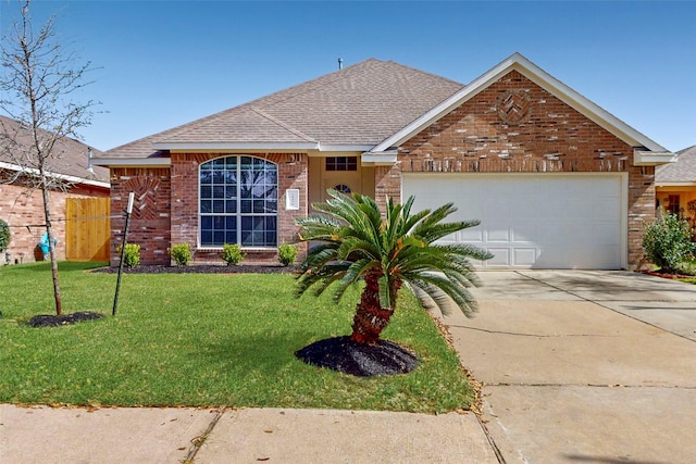 view of front of home with a front yard, an attached garage, brick siding, and concrete driveway