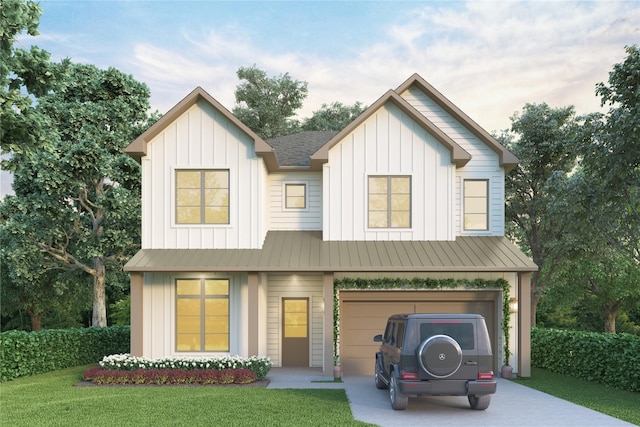 view of front facade featuring a front lawn, board and batten siding, concrete driveway, and a garage