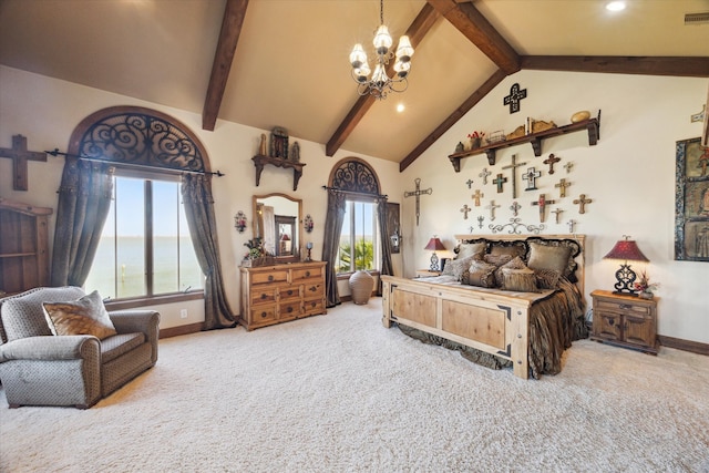 carpeted bedroom featuring baseboards, a notable chandelier, beamed ceiling, recessed lighting, and high vaulted ceiling