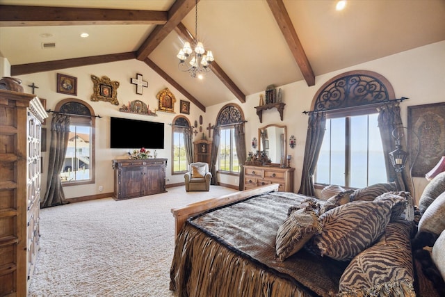 bedroom featuring visible vents, carpet flooring, baseboards, beam ceiling, and a notable chandelier