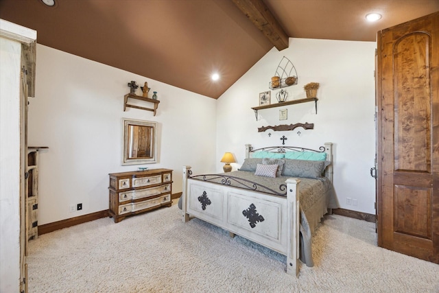 bedroom featuring baseboards, recessed lighting, lofted ceiling with beams, and light carpet