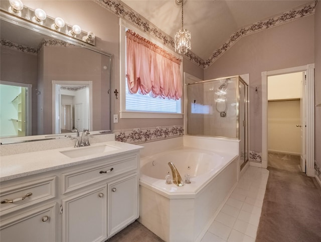 full bathroom with a jetted tub, tile patterned flooring, a stall shower, vanity, and lofted ceiling