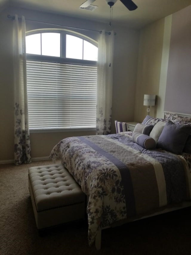 bedroom featuring baseboards, visible vents, multiple windows, and carpet