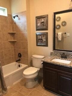 full bath featuring bathtub / shower combination, vanity, toilet, and tile patterned flooring