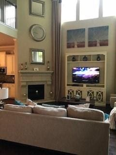 living area with a fireplace and a high ceiling