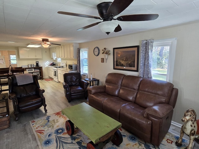 living area featuring light wood-type flooring, plenty of natural light, and a ceiling fan