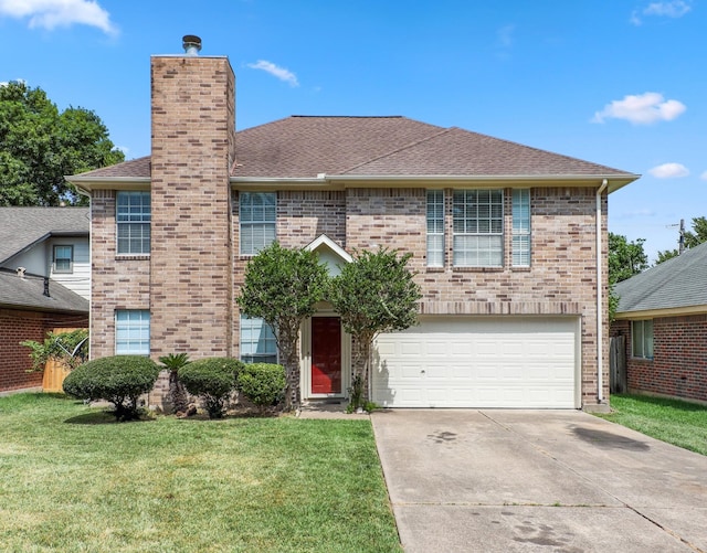 4714 Hawthorne St, Seabrook, TX 77586 - traditional-style home with a garage, driveway, a chimney, a front yard, and brick siding