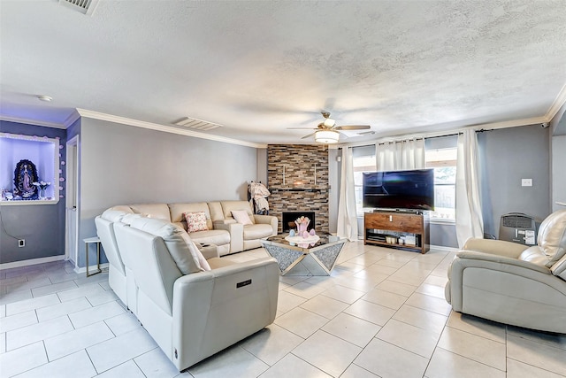 living room featuring visible vents, ornamental molding, a textured ceiling, light tile patterned floors, and ceiling fan