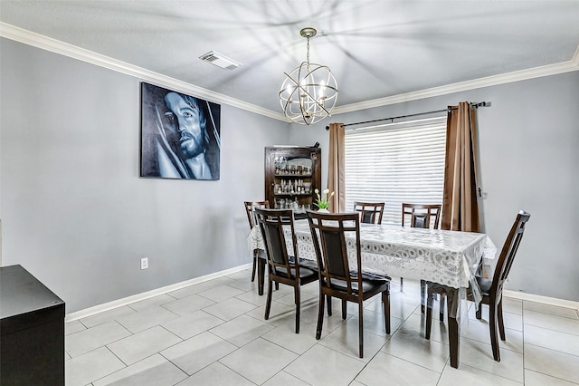 dining space featuring visible vents, baseboards, a chandelier, ornamental molding, and light tile patterned floors