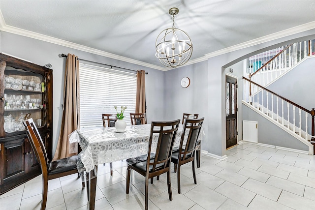 dining area featuring stairway, baseboards, an inviting chandelier, arched walkways, and crown molding