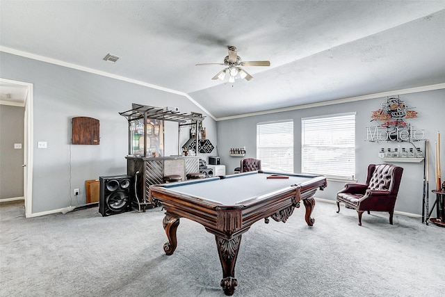 game room with visible vents, carpet flooring, pool table, and a ceiling fan