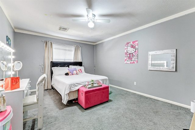 carpeted bedroom featuring ceiling fan, baseboards, visible vents, and ornamental molding