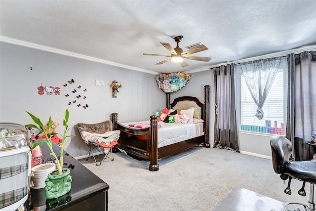 bedroom with ceiling fan, baseboards, carpet, ornamental molding, and a textured ceiling