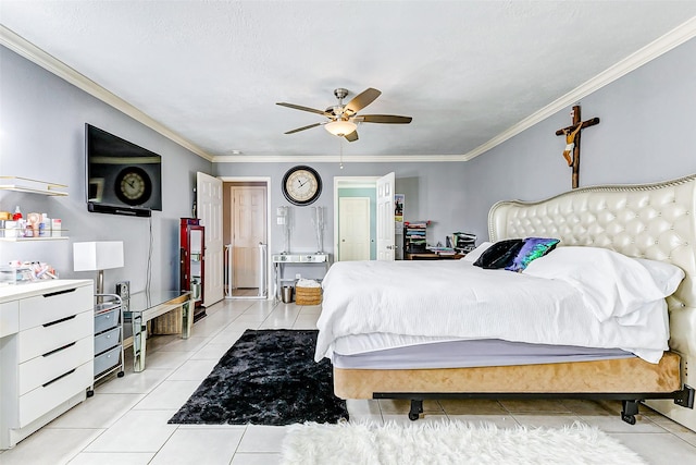 bedroom featuring light tile patterned floors, ceiling fan, and crown molding