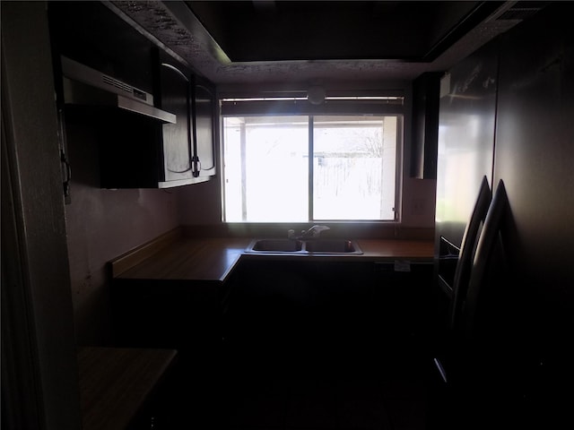 kitchen with refrigerator with ice dispenser, dark cabinets, and a sink