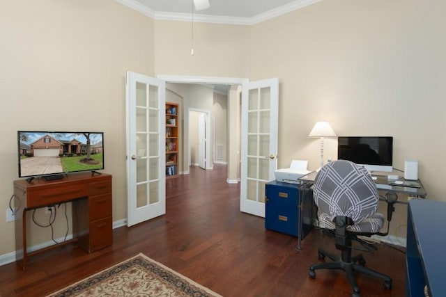 home office with crown molding, baseboards, dark wood finished floors, french doors, and a high ceiling