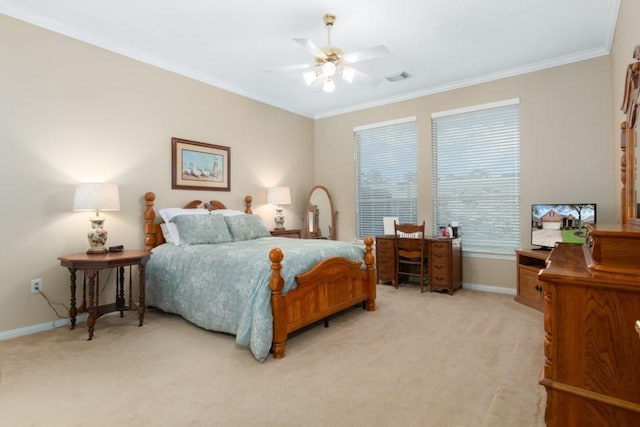 bedroom with visible vents, ceiling fan, baseboards, ornamental molding, and light carpet