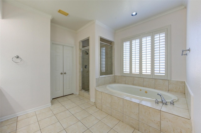 full bath with tile patterned floors, visible vents, a stall shower, crown molding, and a bath