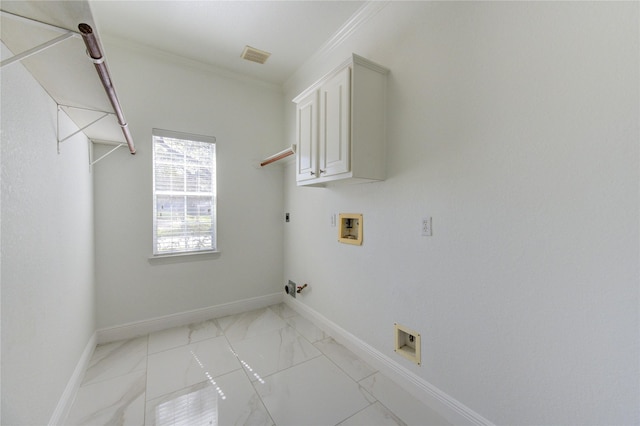 washroom featuring cabinet space, hookup for an electric dryer, marble finish floor, and hookup for a washing machine