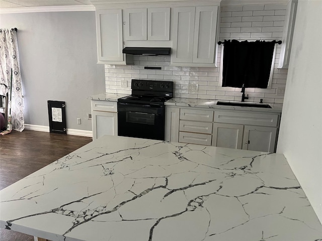 kitchen featuring light stone counters, a sink, extractor fan, black range with electric stovetop, and backsplash