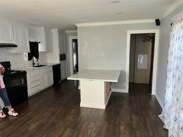 kitchen with white cabinetry, black appliances, dark wood-type flooring, and a sink