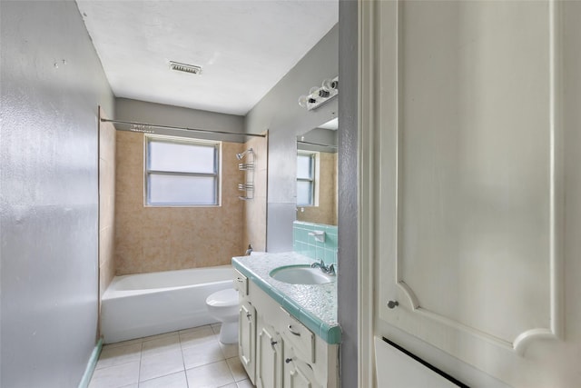 full bath with vanity, visible vents, tile patterned flooring, bathtub / shower combination, and toilet