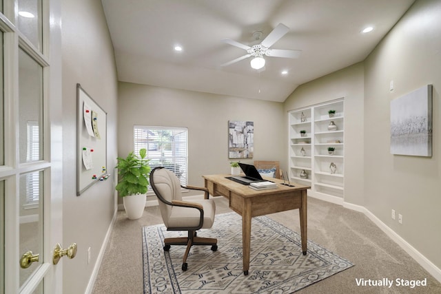 home office with carpet flooring, recessed lighting, baseboards, and ceiling fan