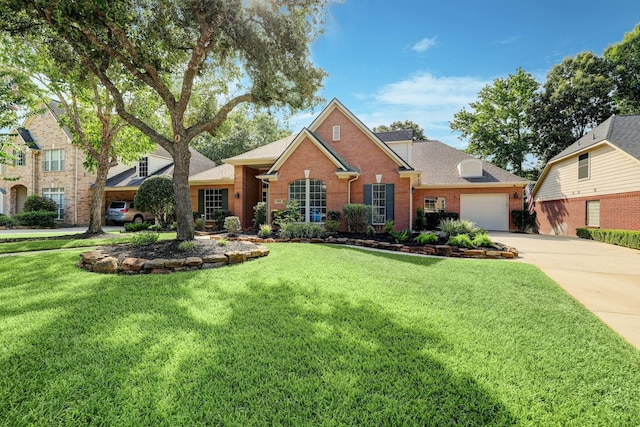 traditional-style house featuring brick siding, a garage, concrete driveway, and a front lawn